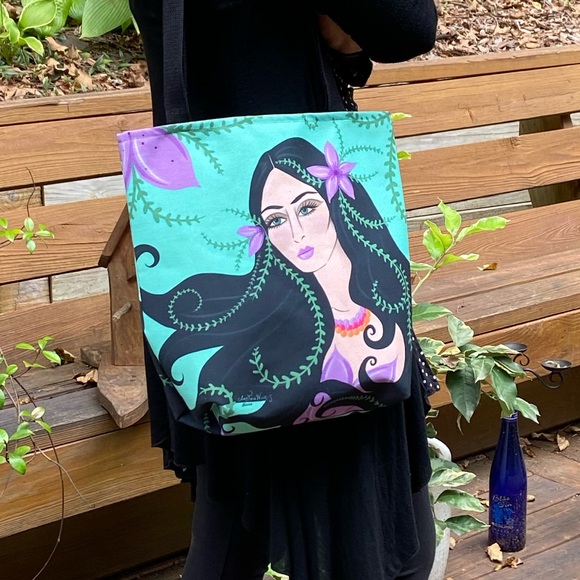 Artisan design Garden Goddess tote bag purse with lady and nature - Picture 3 of 9